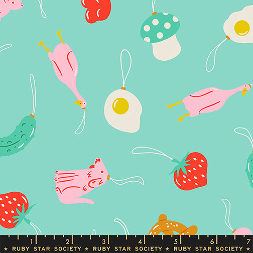 Pattern of cartoon-style food items on a teal background with a Ruby Star Society label.