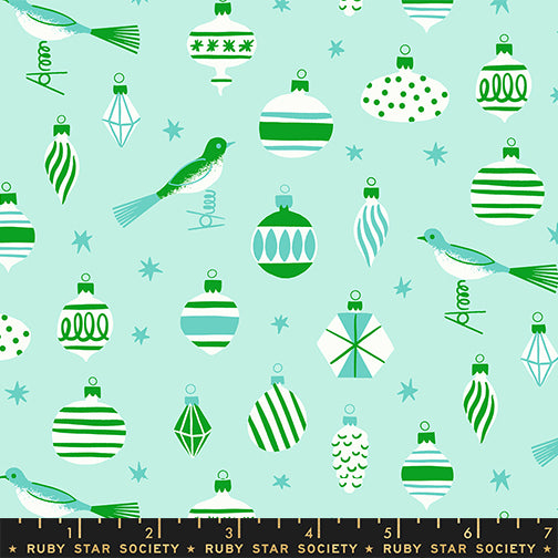 Pattern of green Christmas ornaments and birds on a light blue background with a Ruby Star Society label at the bottom.