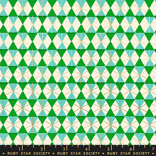 Patterned fabric with geometric design in green, blue, and white on a black border with 'Ruby Star Society' branding.