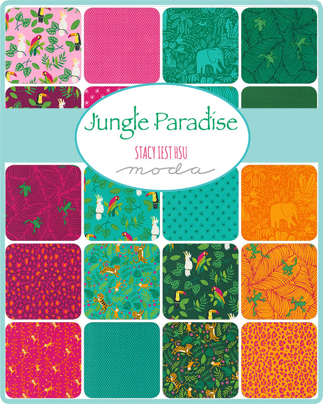 Collection of fabric swatches with jungle-themed patterns and 'Jungle Paradise' branding.