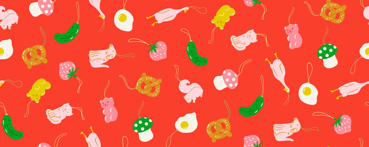 Colorful pattern of food items on a red background
