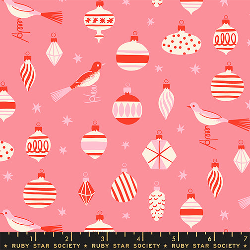 Pattern of Christmas ornaments and birds on a pink background with a ruler at the bottom.
