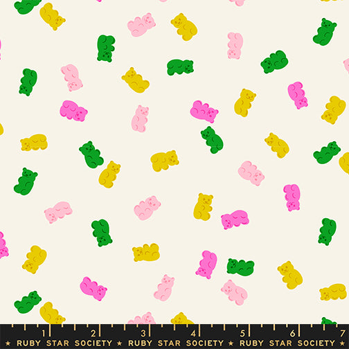 Pattern of colorful gummy bears on a white background with a ruler at the bottom.
