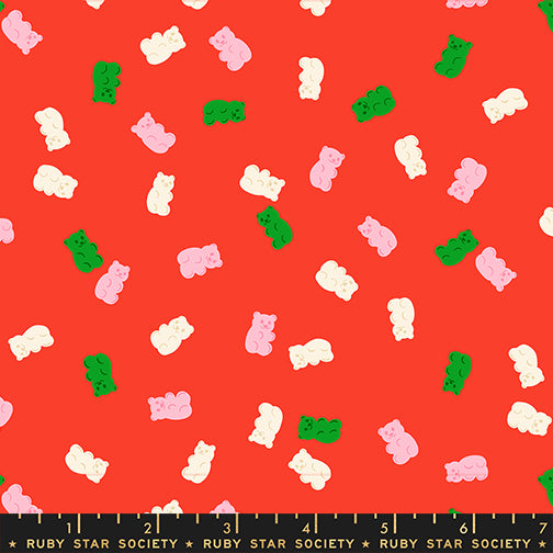 Pattern of colorful gummy bears on a red background with a Ruby Star Society label.