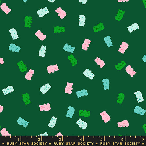 Pattern of colorful gummy bears on a green background with Ruby Star Society label.