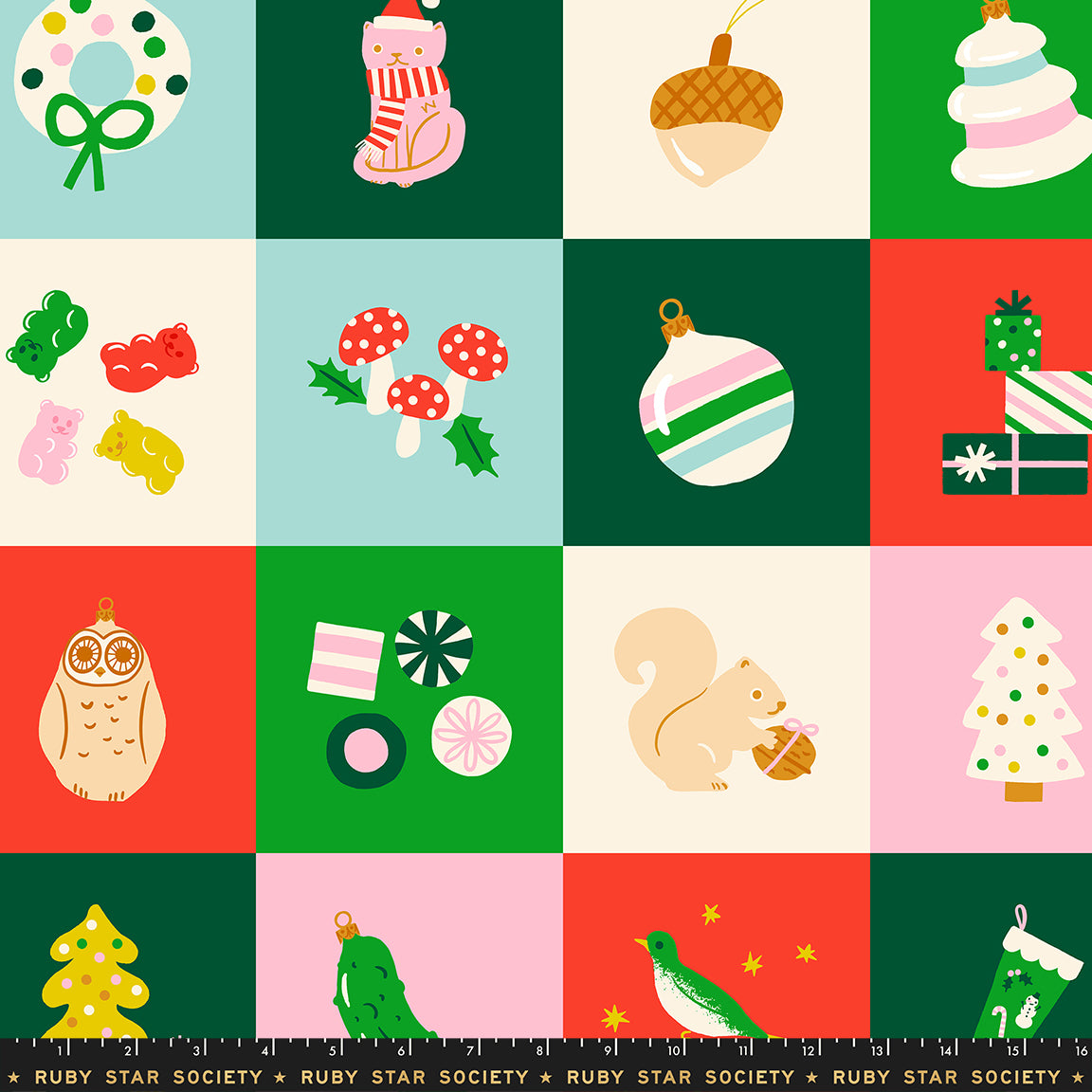 Patterned fabric with Christmas-themed illustrations in a grid layout.