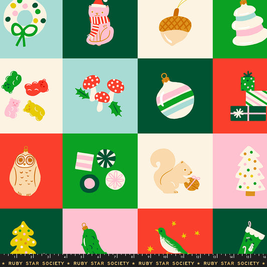 Patterned fabric with Christmas-themed illustrations in a grid layout.