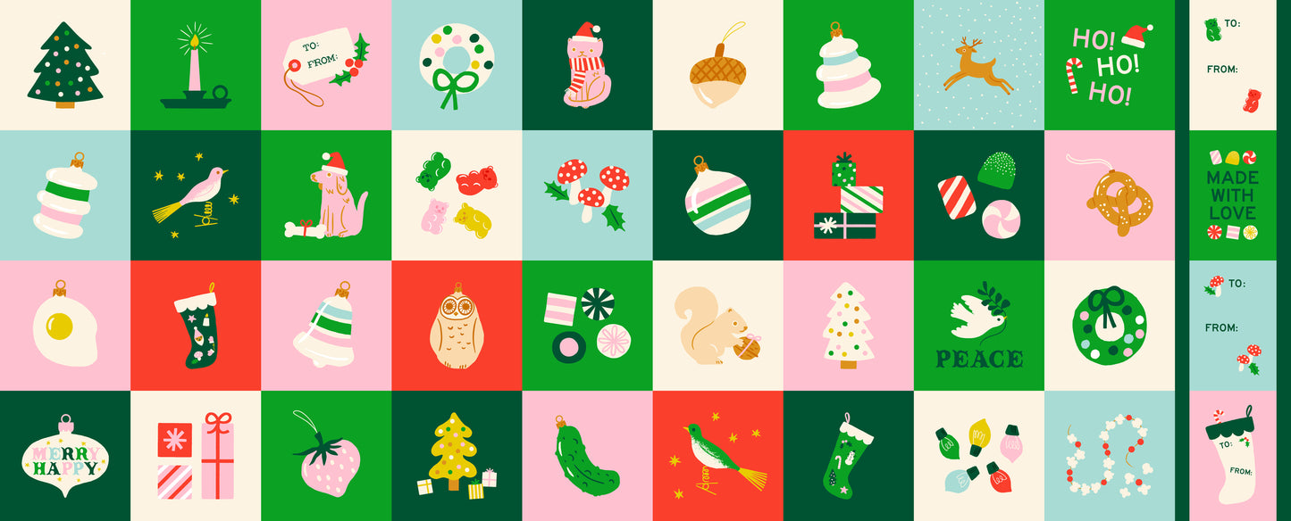 Grid of Christmas-themed icons and illustrations on a colorful background