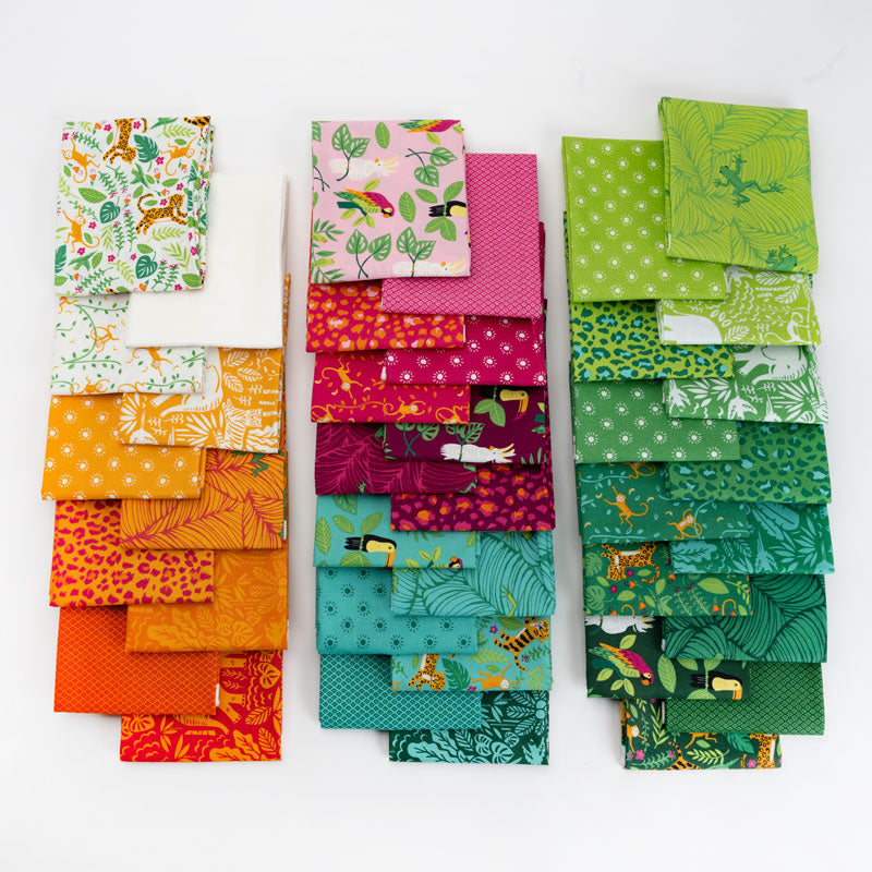 Collection of colorful fabric squares with various patterns on a white background