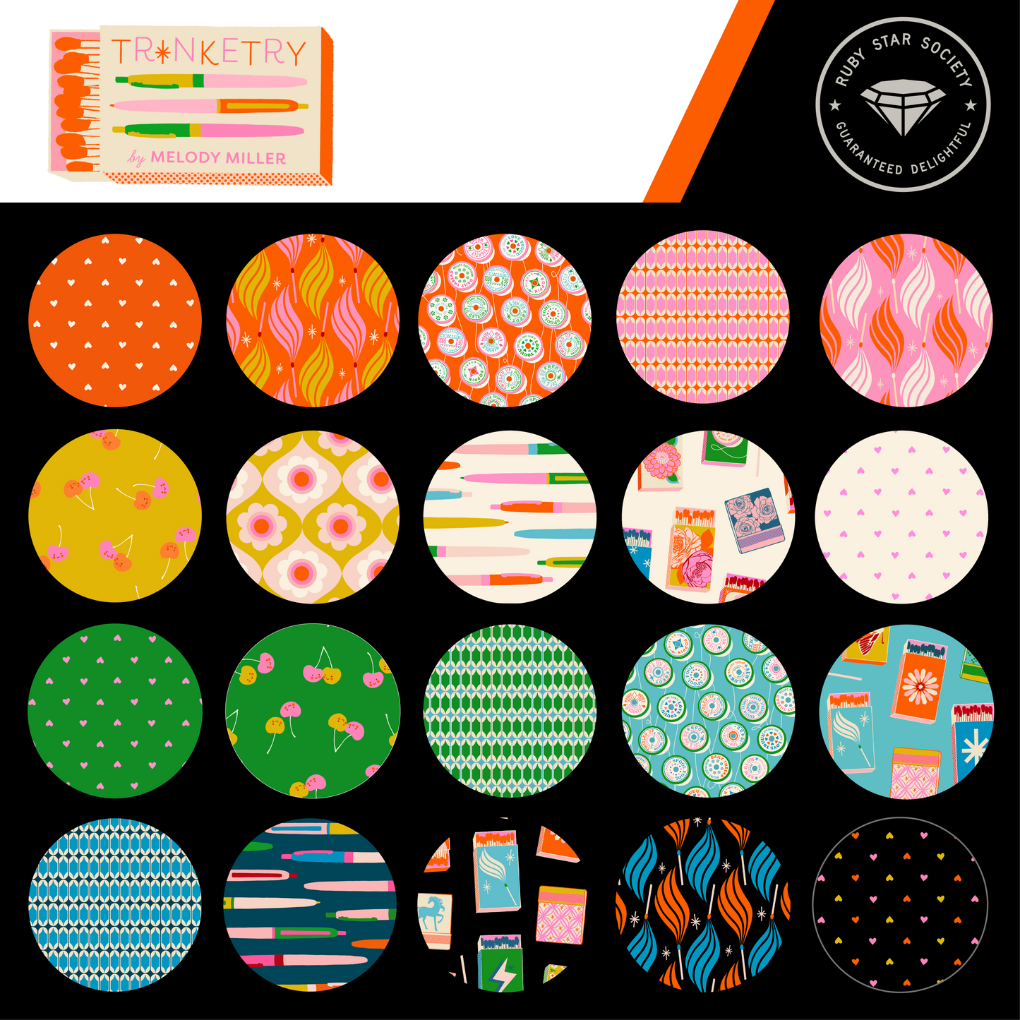 trinketry fabric swatch by melody miller of ruby star society.  hearts, cherries, bobbins, matchbooks, and geometric patterns in oranges, pink, yellow, blue, and greens.
